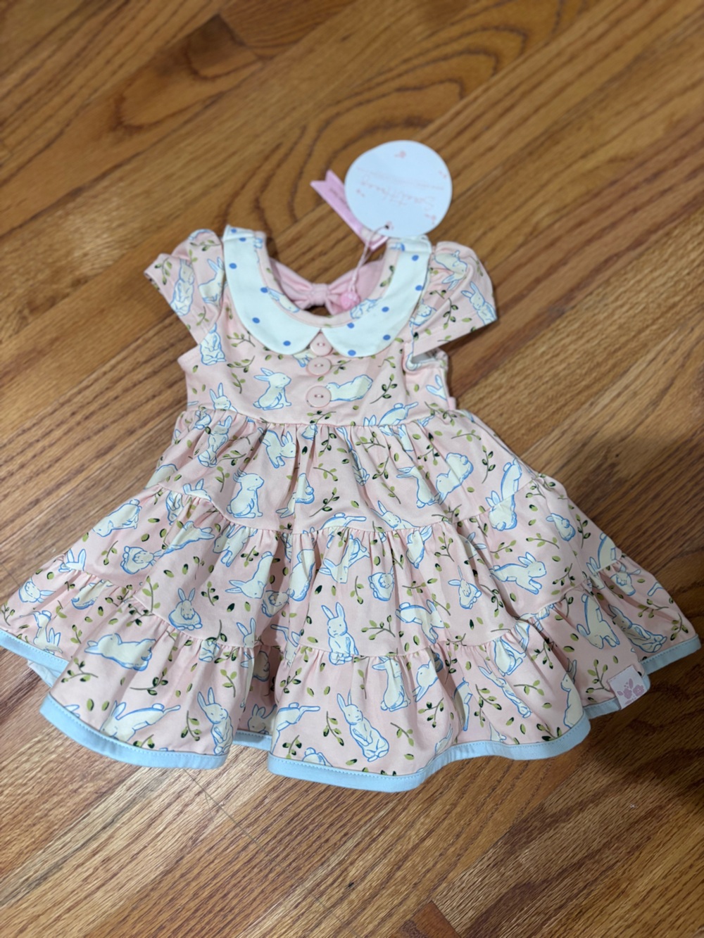 SweetHoney Pink Bunny Tiered Dress with Blue Trim and White Collar